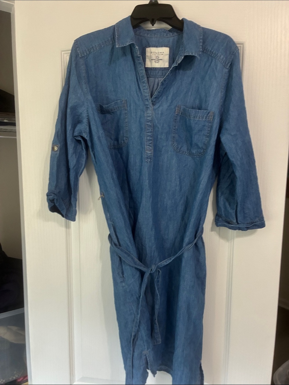 Sonoma Blue Chambray Button-Down Shirt Dress with Self-Tie